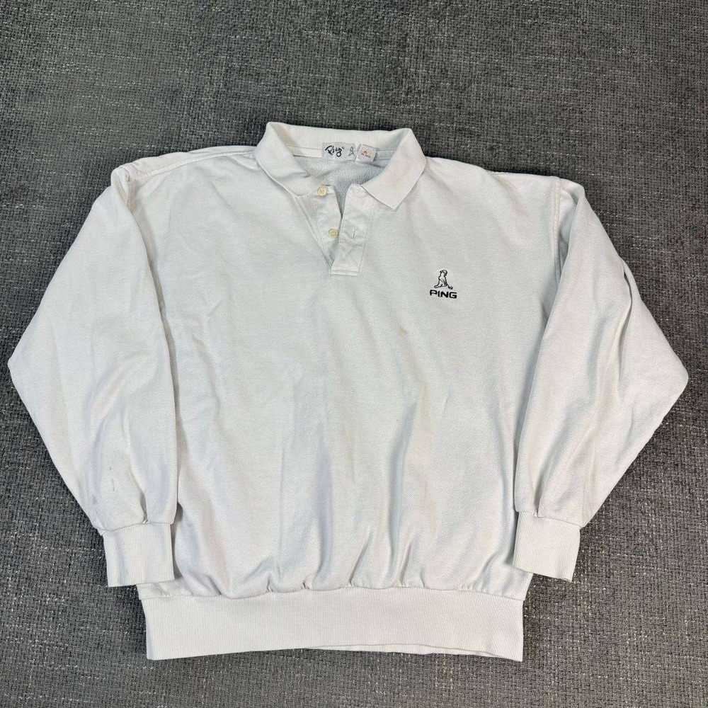 Ping Long Sleeve Polo Sweatshirt Mens Large White Vintage Golf Pullover